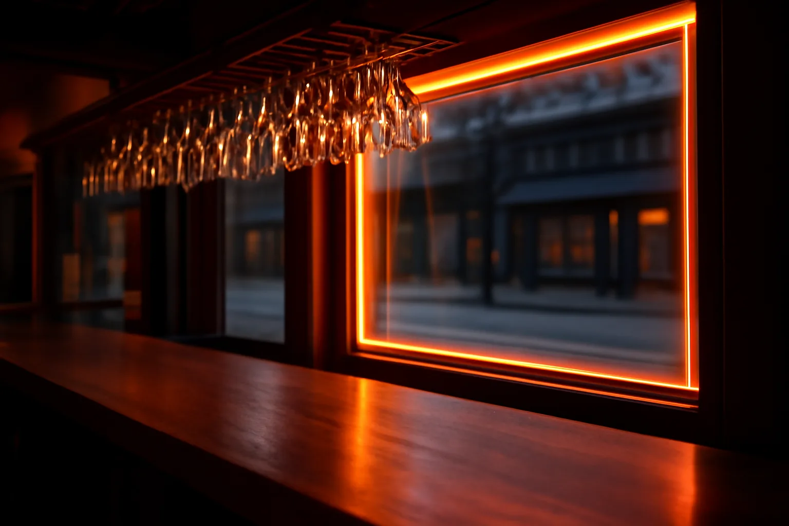 Empty bar counter at dusk before a retail liquor license is issued