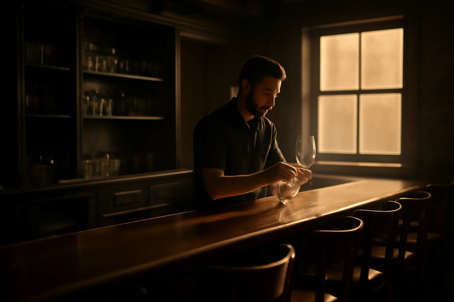 Bartender wiping glasses in an empty bar before opening, Illinois liquor license context